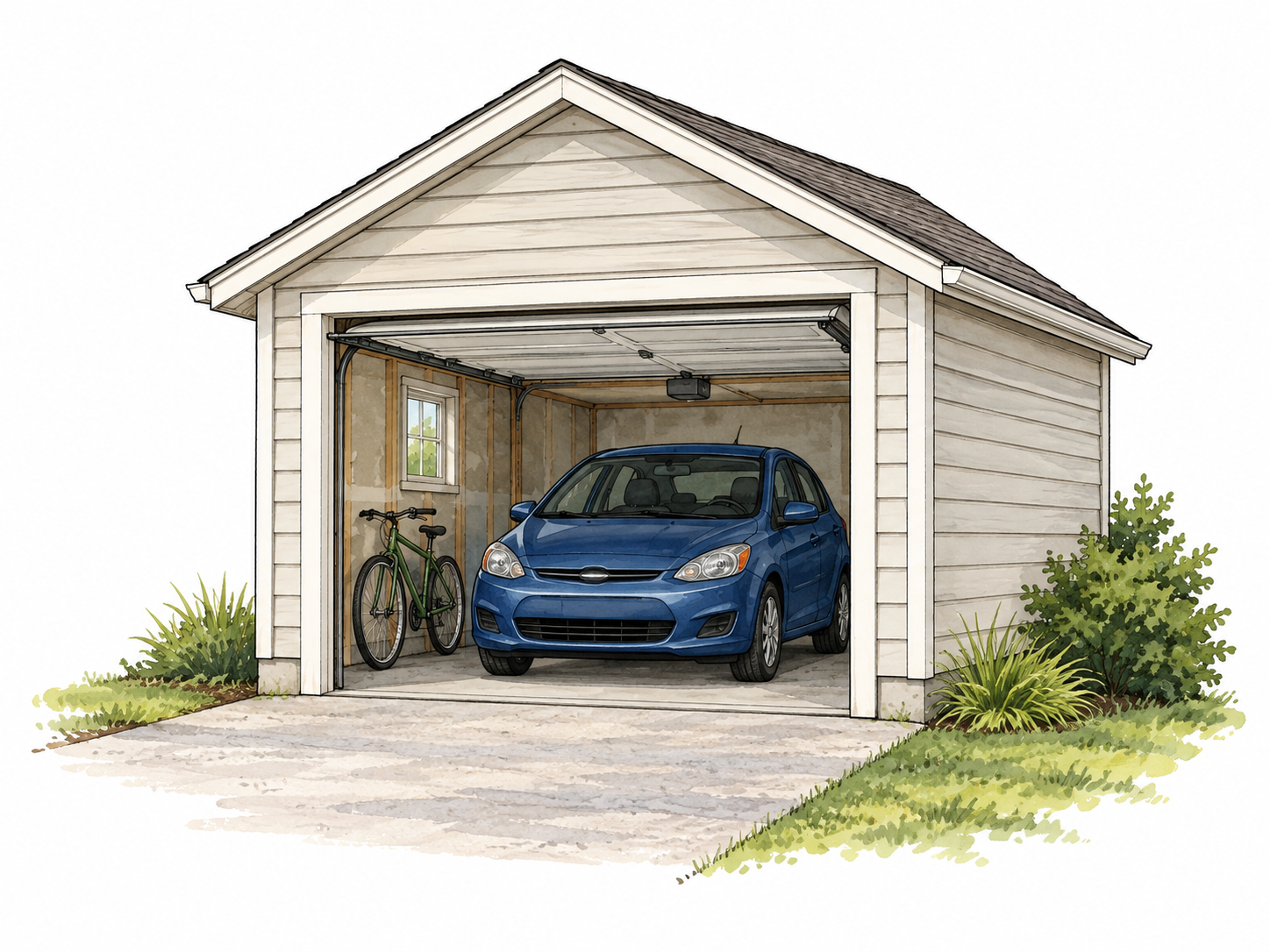 Open garage shelters car and bicycle.