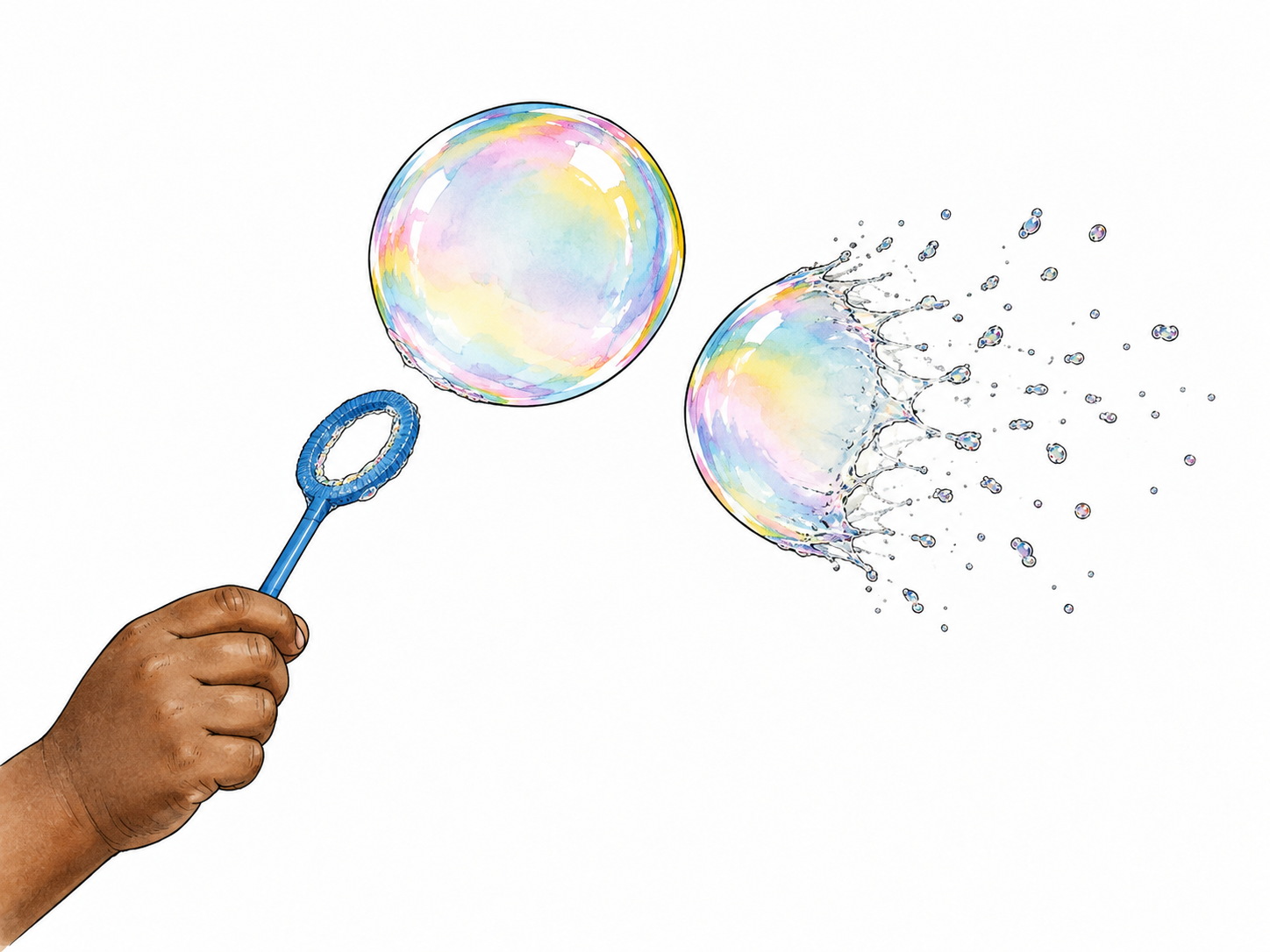 Soap bubble exists briefly then bursts.