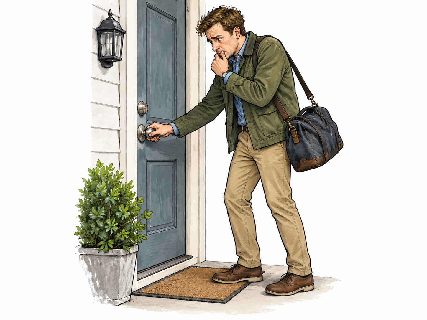 Compulsion: adult white man repeatedly checking a locked front door with an anxious reluctant expression, hand returning to the handle while already dressed to leave with a bag.