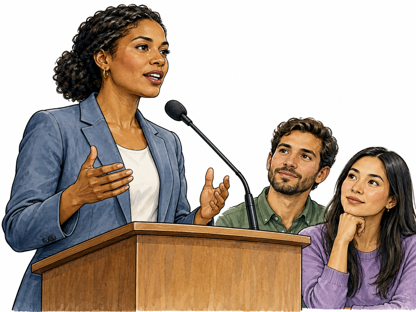 Diction, clarity and choice of spoken words: professional brown-skinned female public speaker at a microphone, speaking with deliberate precise articulation, two attentive listeners.