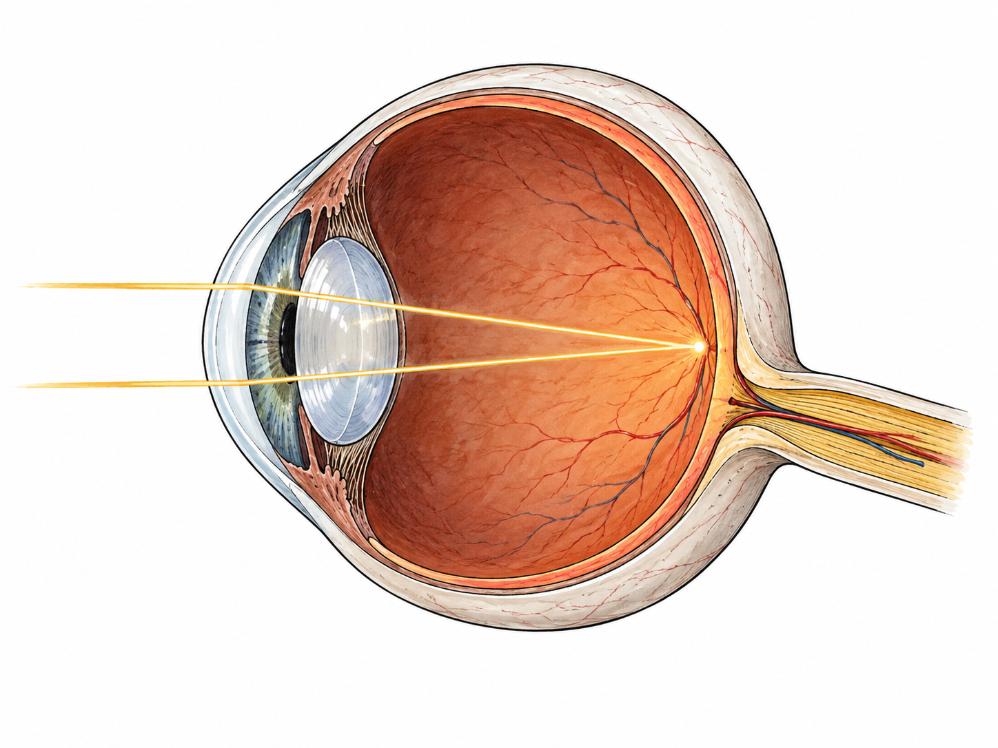 Eye cutaway shows light reaching inner rear retinal lining.