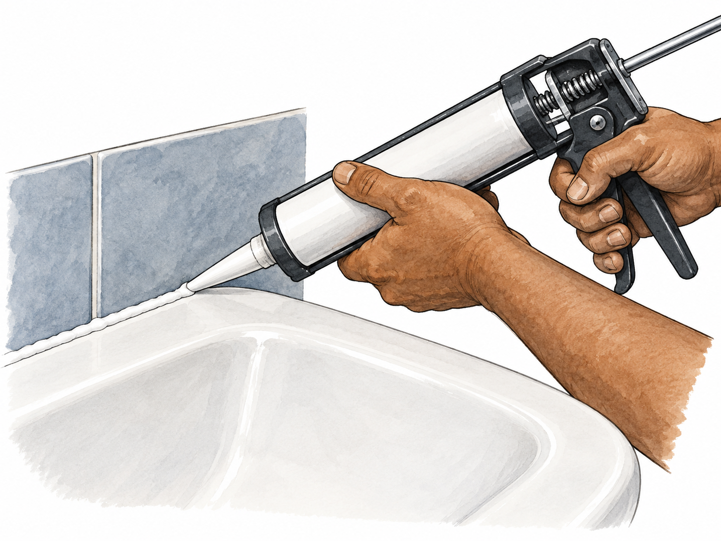 Caulking a sink seam.