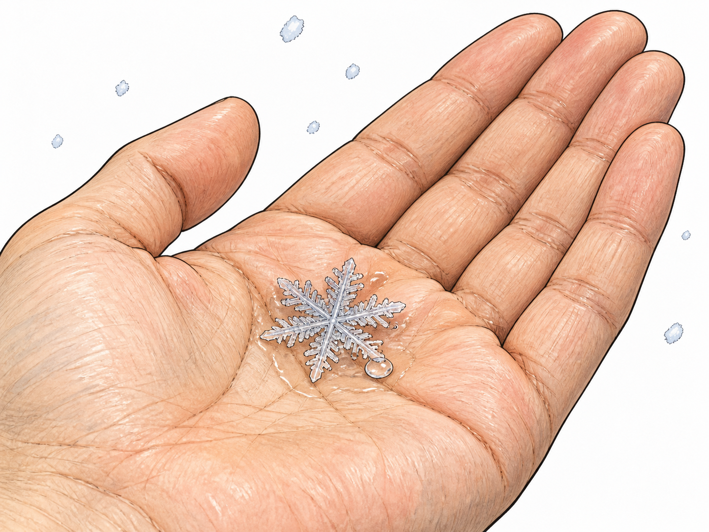 Snow crystal melts quickly on warm palm.