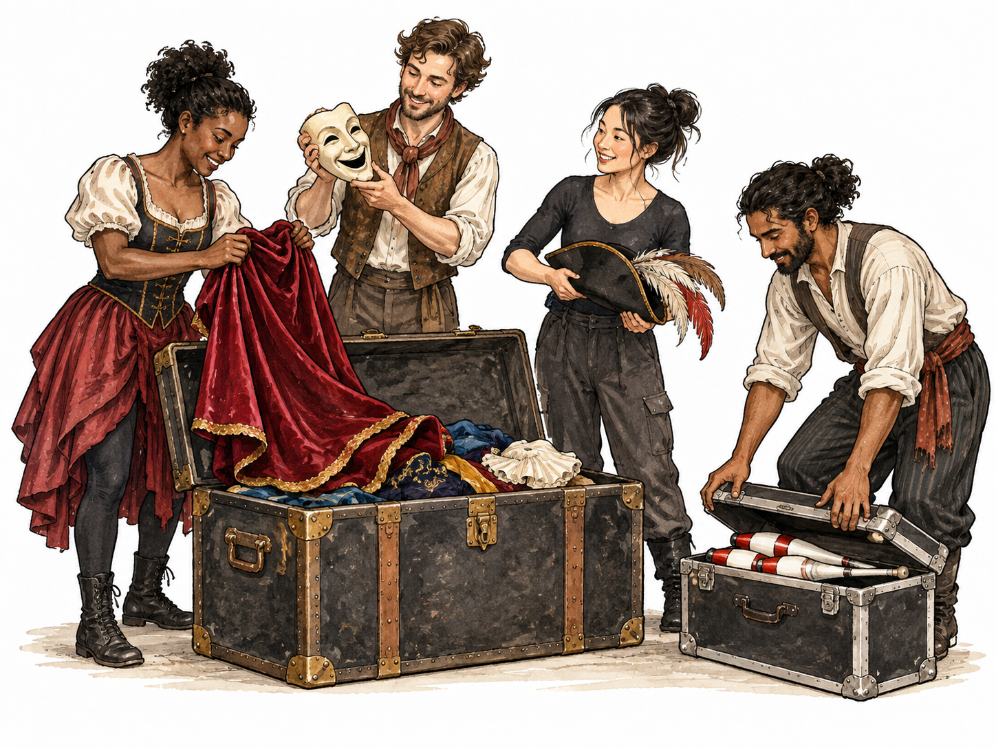 Performers packing costumes for travel.