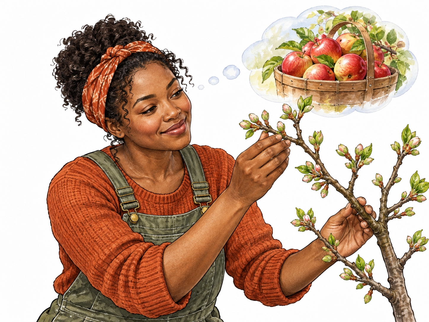 Healthy fruit-tree buds augur a plentiful harvest imagined by gardener.