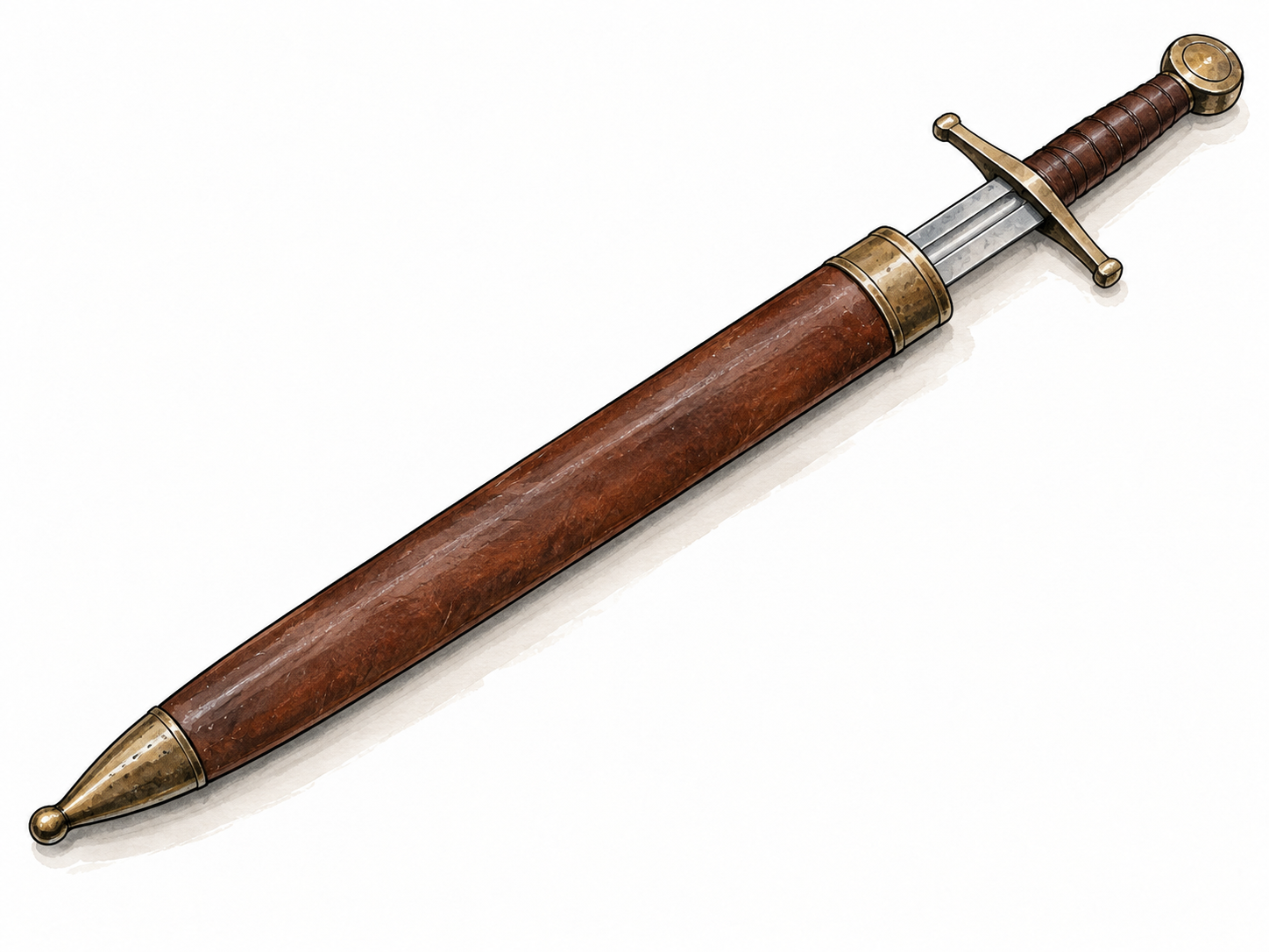 Leather scabbard partly encloses a straight sword.