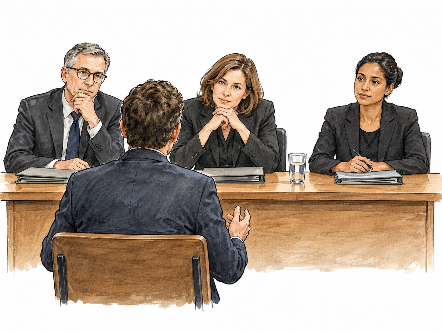 Three adjudicators hear a speaker at formal panel.