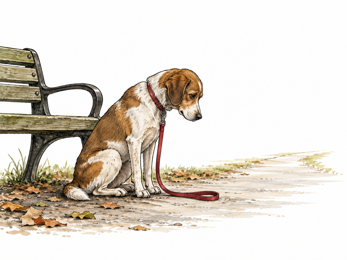 Dog left alone beside empty bench.