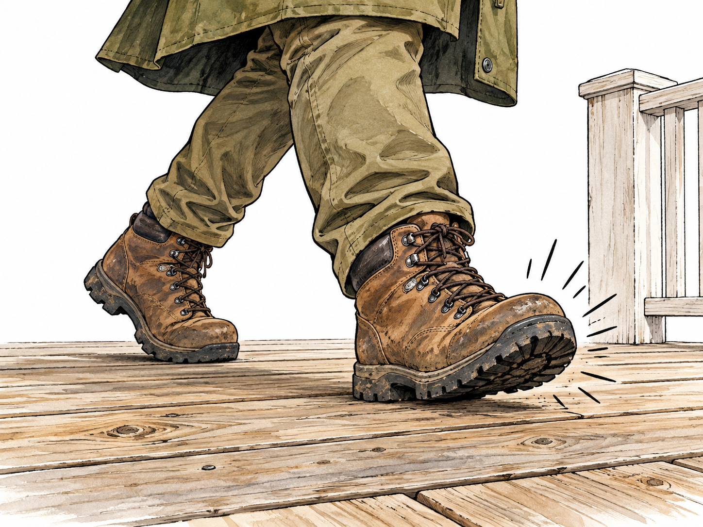 Tromp: adult hiker's heavy boots striding noisily across wooden porch, coat hem visible, subtle impact lines under one boot, realistic footwear and floorboards, no text.