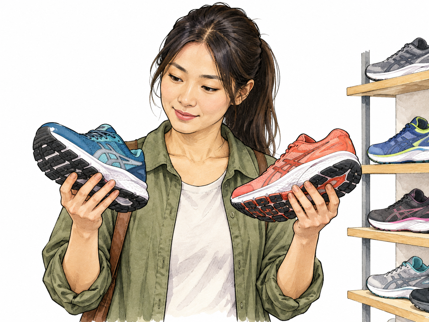 Compare: East Asian woman in a shoe shop holds two different running shoes side by side, carefully checking soles and design.