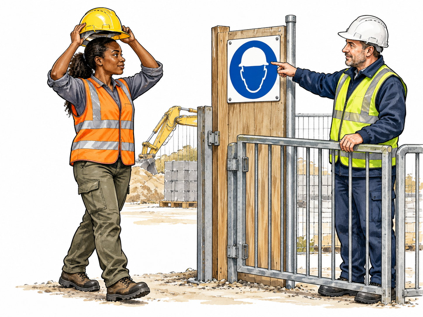 Compulsory: worker entering construction site must put on hard hat; gate attendant points to blue circular pictogram sign with white hard-hat symbol, worker complies.