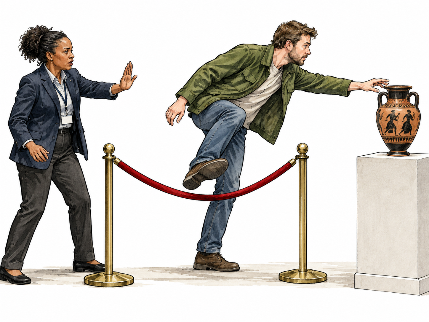Visitor violates museum barrier rule despite attendant stop gesture.