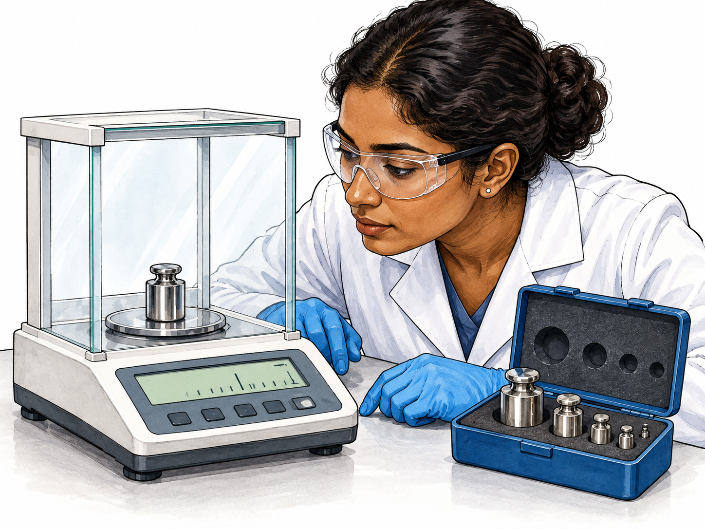 Verify: a brown-skinned lab technician checks a digital scale against a known calibration weight on its pan, looking closely at the scale and matching metal reference weights.