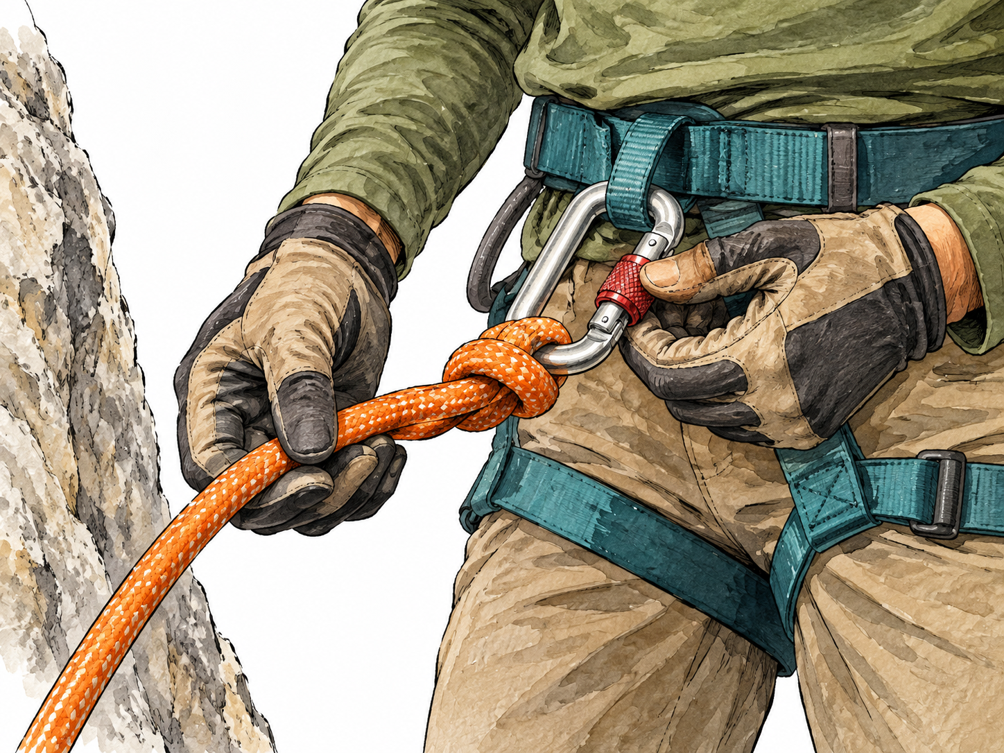 Climber checks central safety connection.