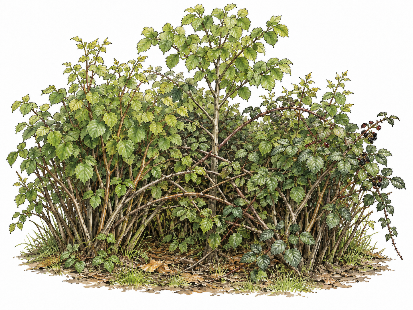 Dense rooted hazel and bramble growth.
