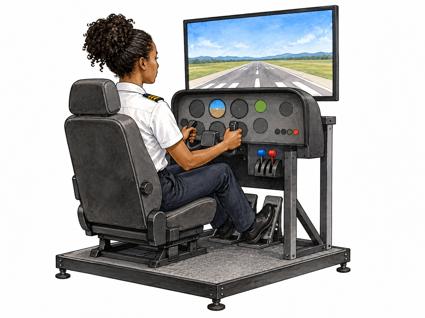 Trainee operates stationary flight simulator.