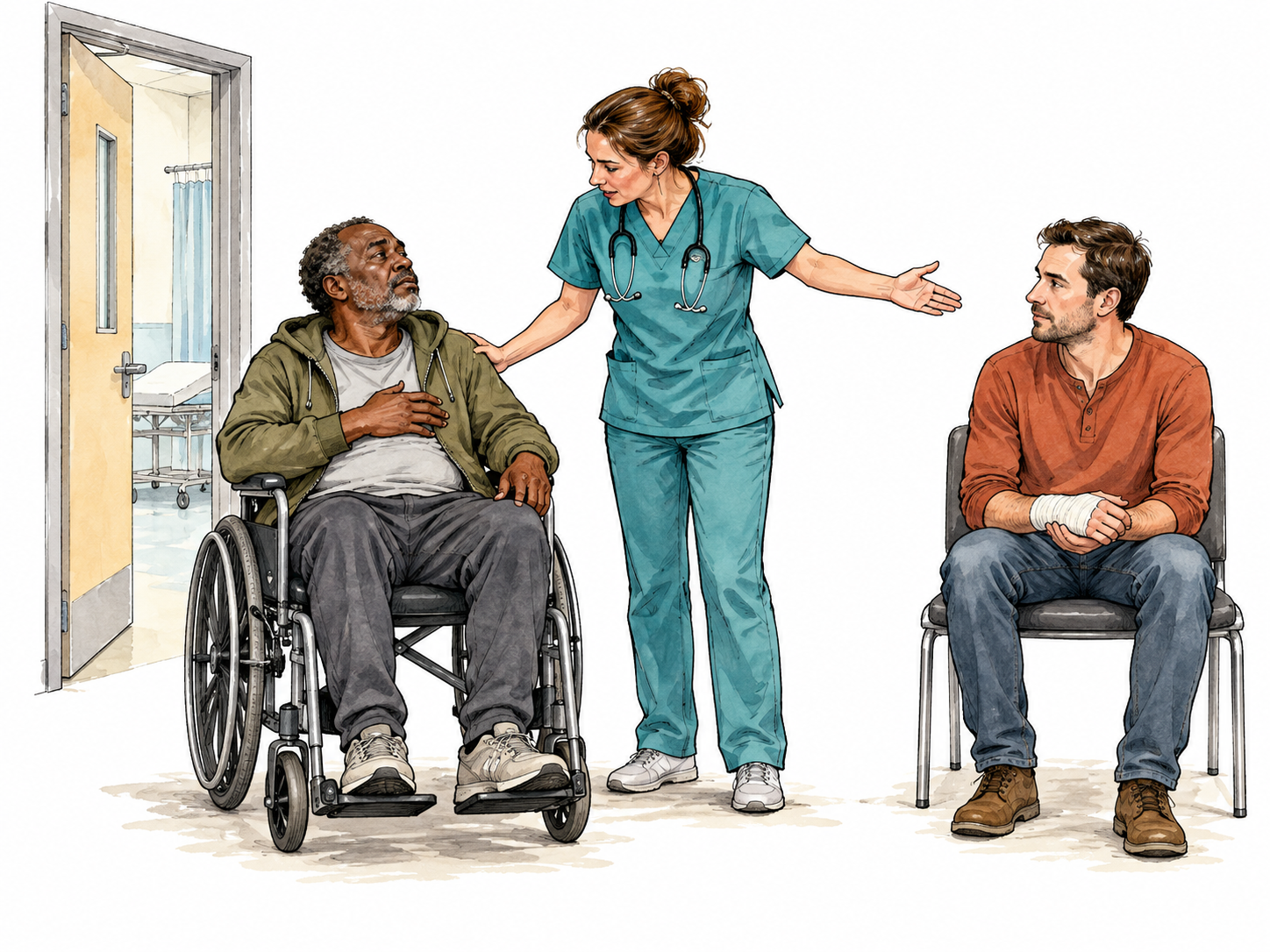 Nurse assesses two patients with different needs.