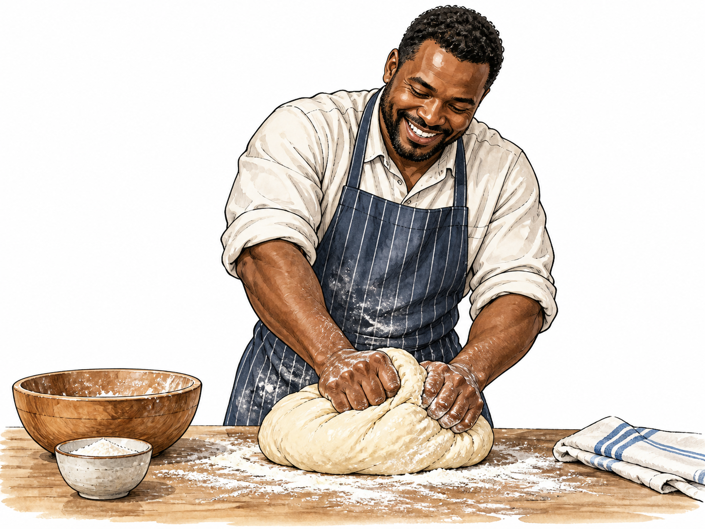 Gusto: adult Black male cook joyfully kneads a large mound of bread dough with energetic wholehearted enthusiasm, sleeves rolled, flour lightly scattered, natural smile rather than cartoon.