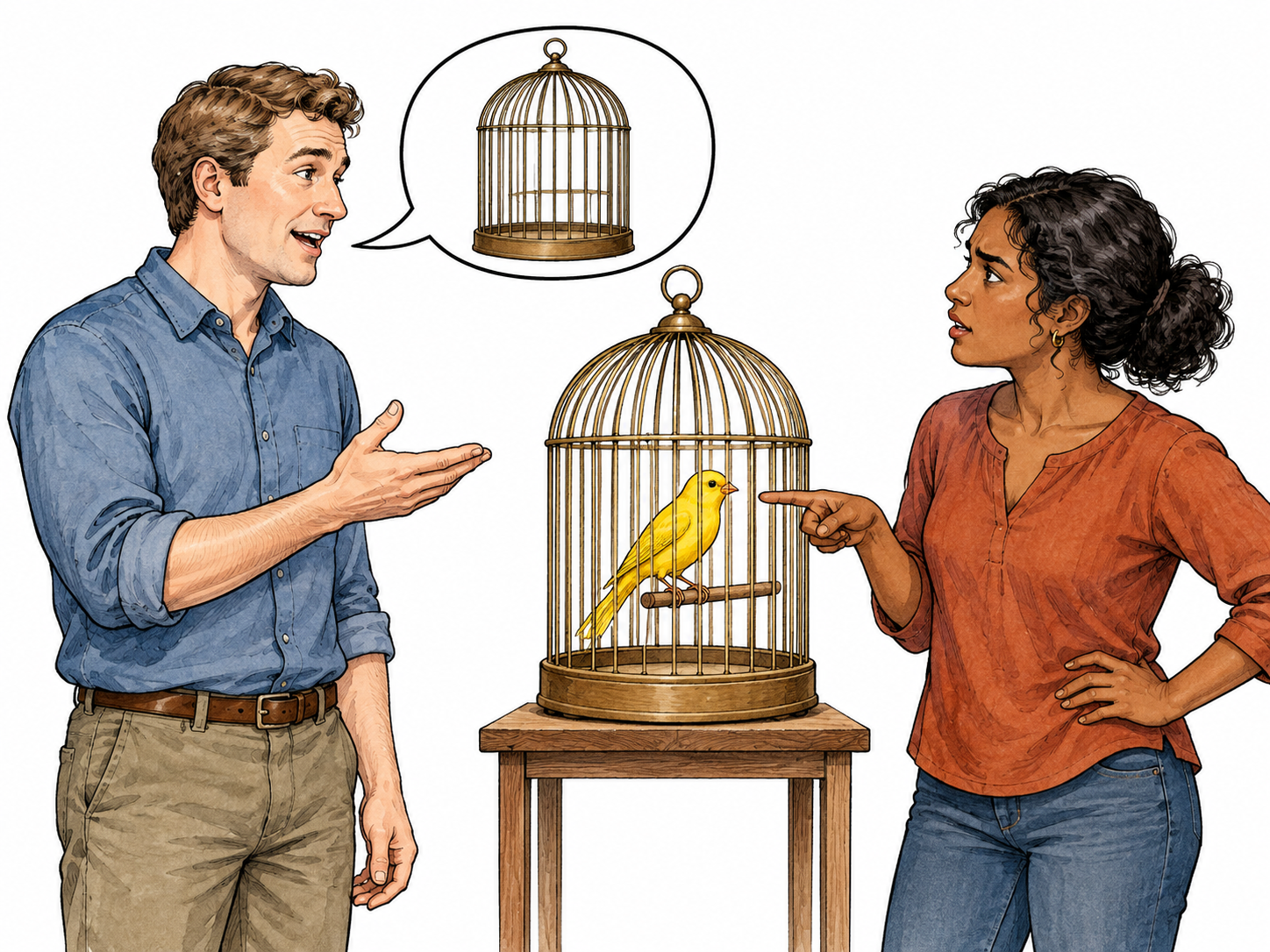 Contradiction: a white adult man tells a brown-skinned woman something represented by a speech bubble containing an EMPTY birdcage, while the real matching birdcage visibly contains a yellow canary.
