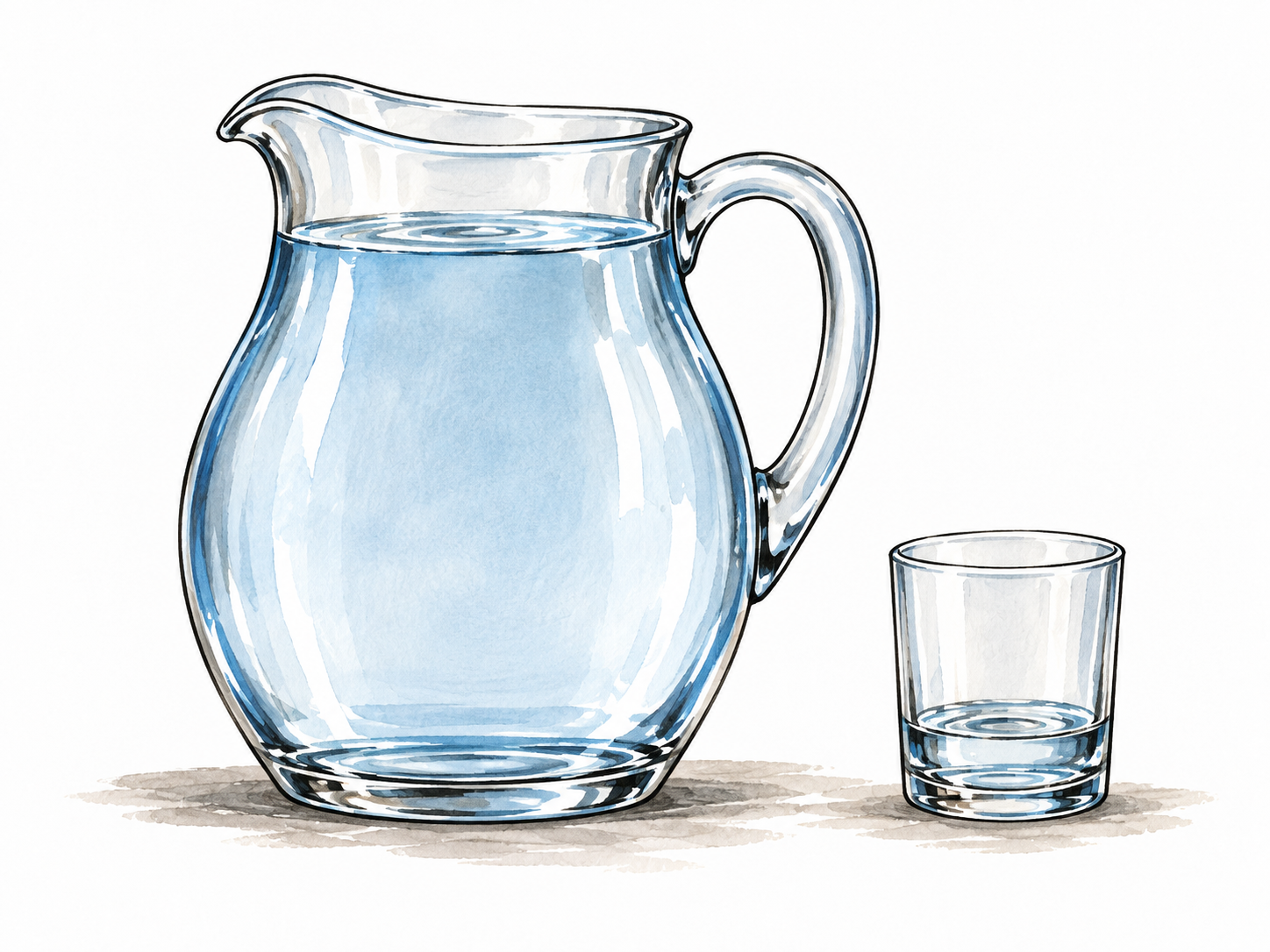 Large amount of water in pitcher beside small amount in glass.