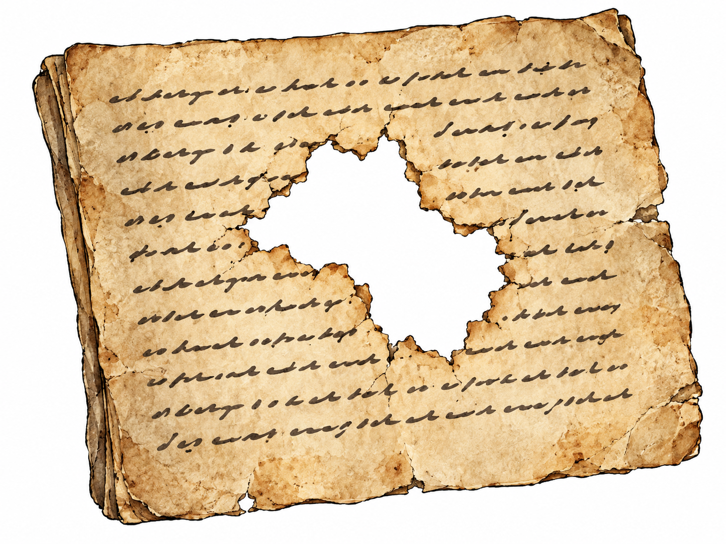 Lacuna: close view of an old manuscript leaf with a conspicuous irregular missing section in middle interrupting rows of abstract ink strokes; blank white surface visible through hole, no readable words.