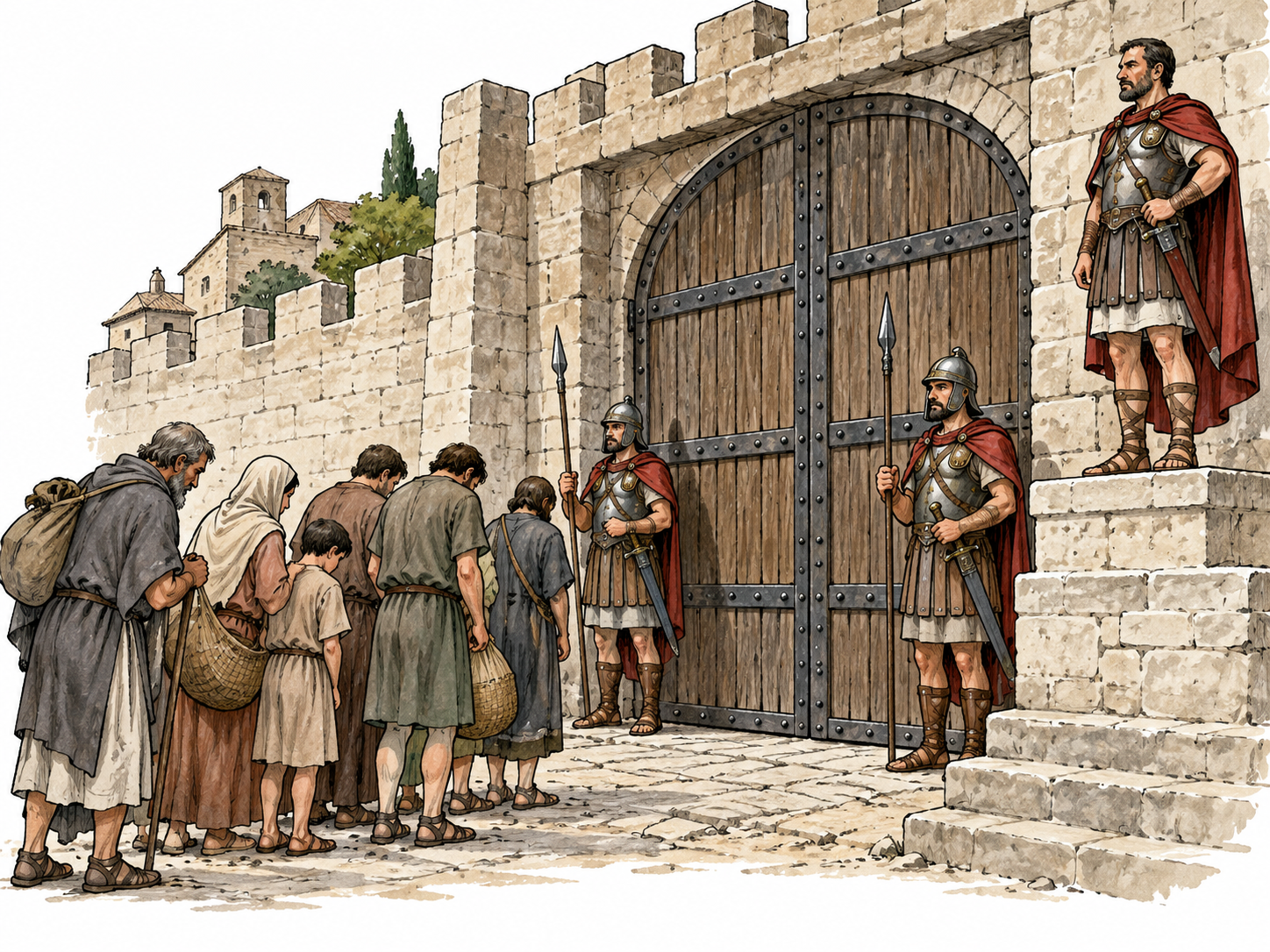 Subjugation: historical town under occupation, guards controlling closed gate while residents wait subdued to pass, dominant commander on raised step.