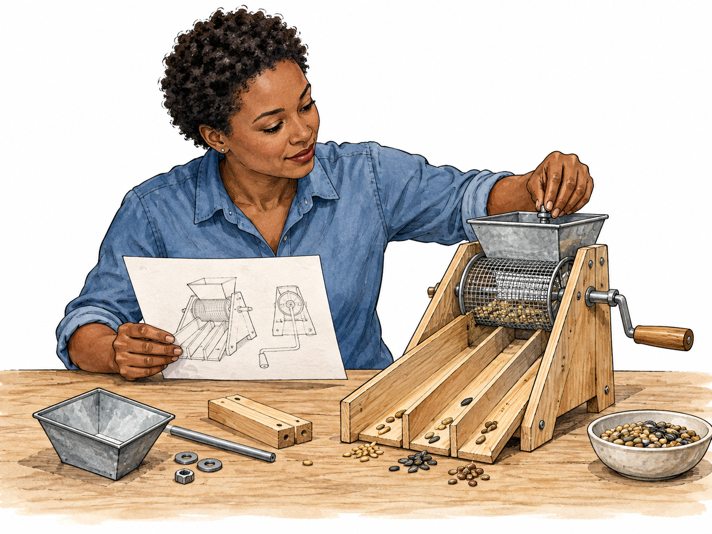 Engineer designs and adjusts seed-sorting prototype.