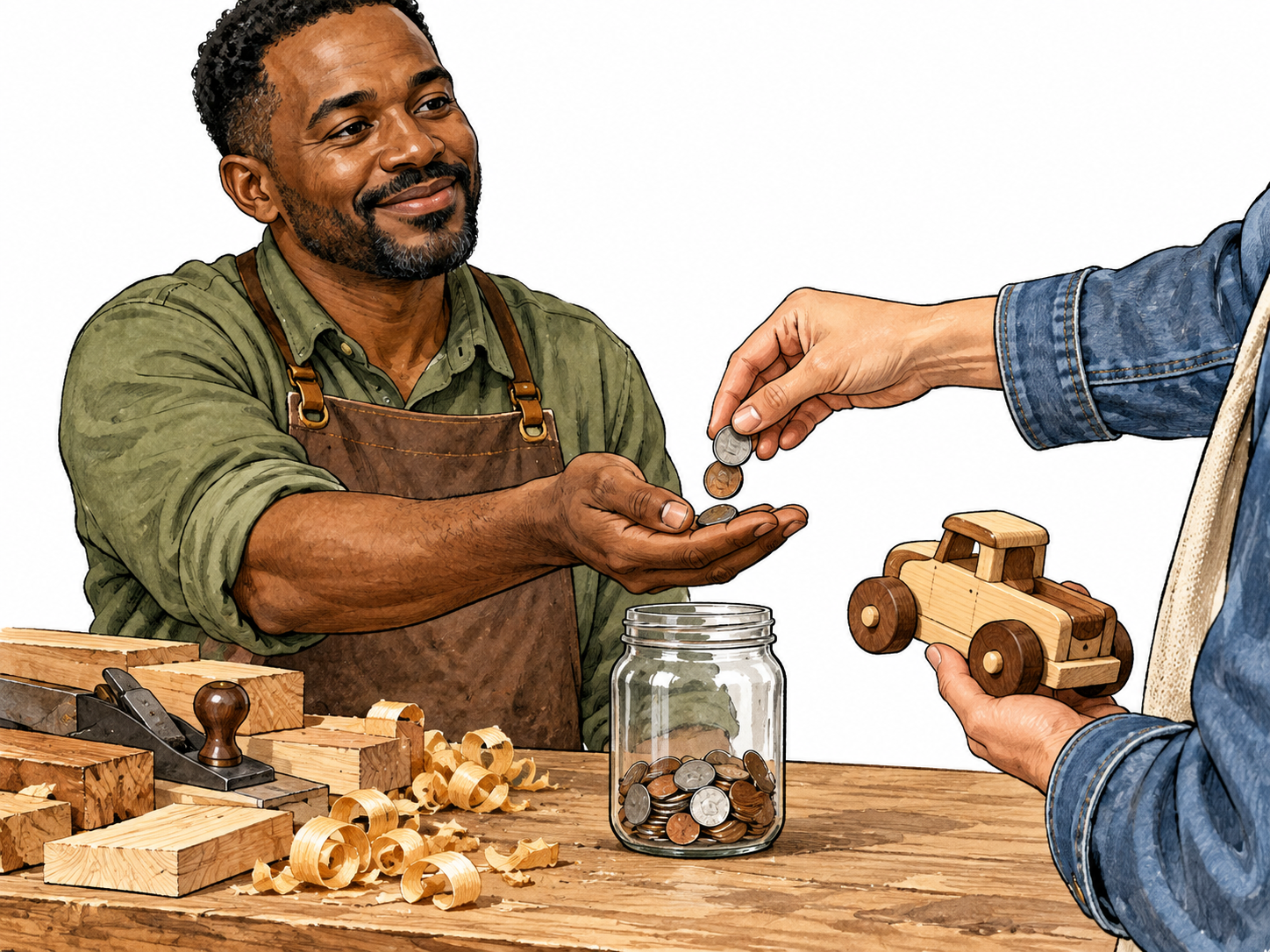 Recoup: small shopkeeper receives coins from customer buying a handmade wooden toy; on workbench material scraps and initially empty coin jar now being refilled show recovering money invested.