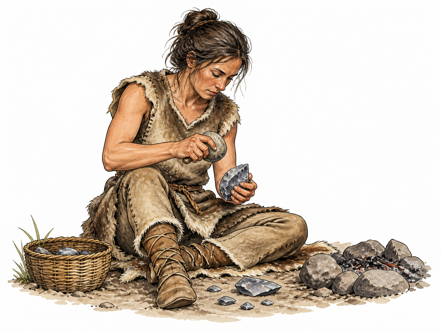 Prehistoric adult shapes flint near hearth.