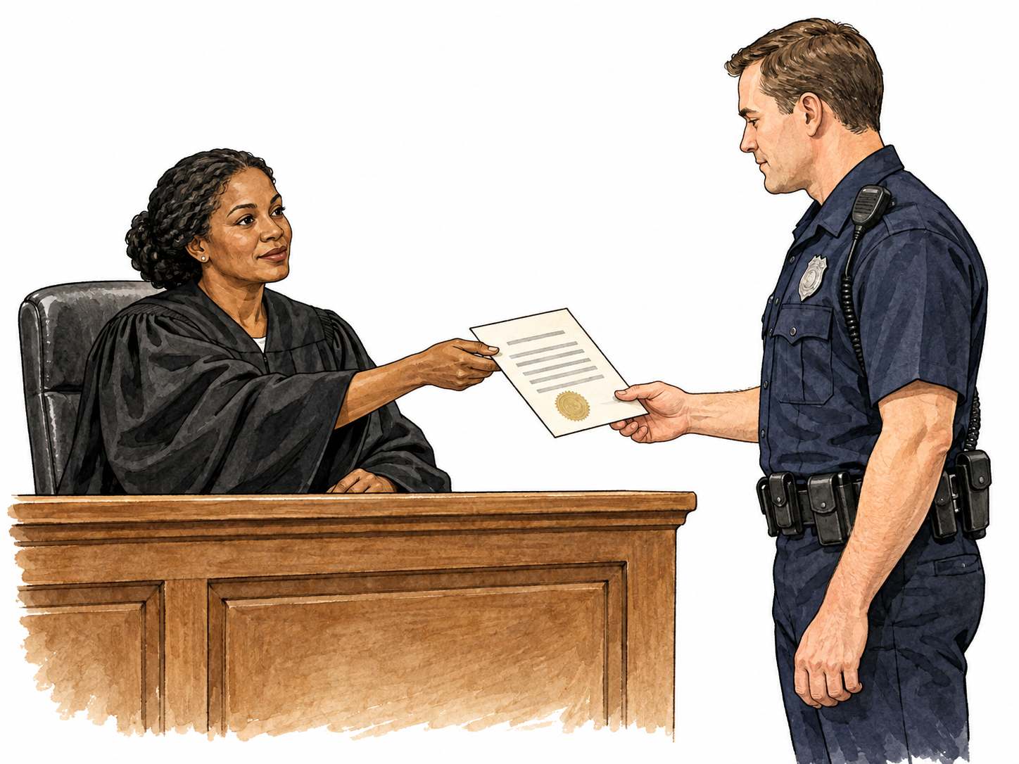 Judge hands authorization document to officer.