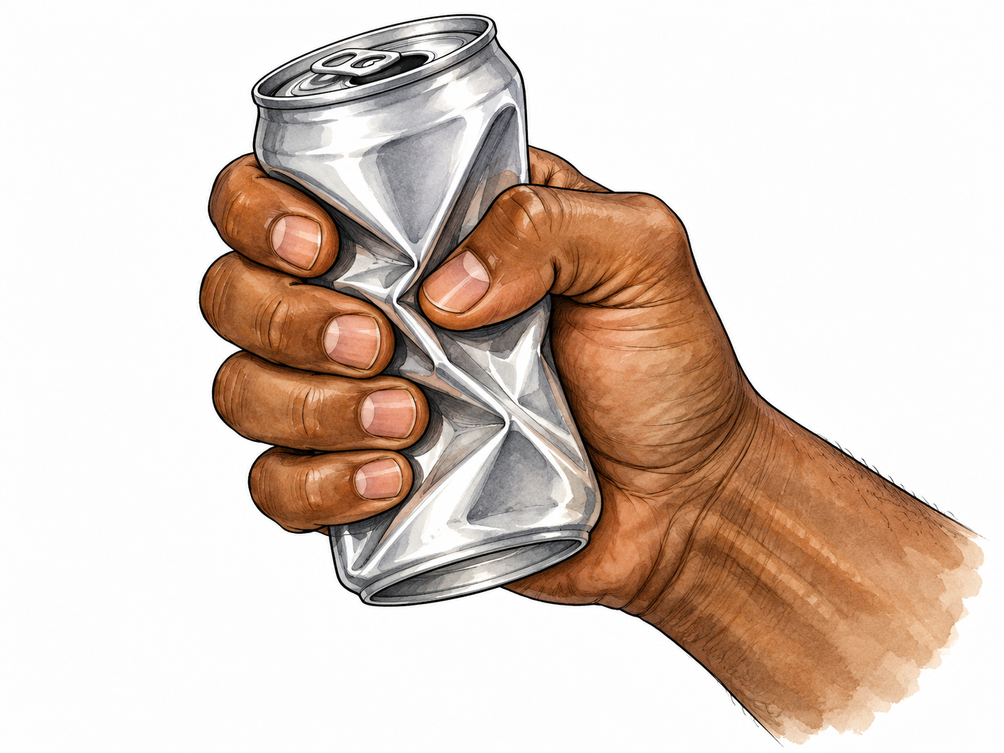 Deform: a brown adult hand squeezes an empty thin aluminum can, its cylindrical sides visibly buckling inward under the fingers.