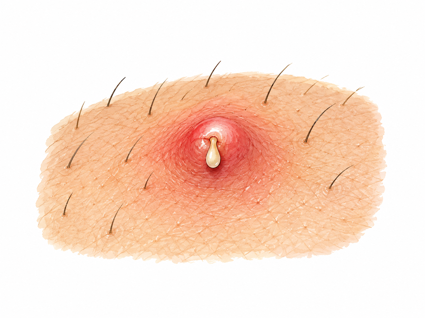 Suppurate: restrained small educational skin diagram of a tiny inflamed pustule releasing a single small drop of opaque yellow-white fluid; otherwise normal skin patch, no blood or large injury, no labels.