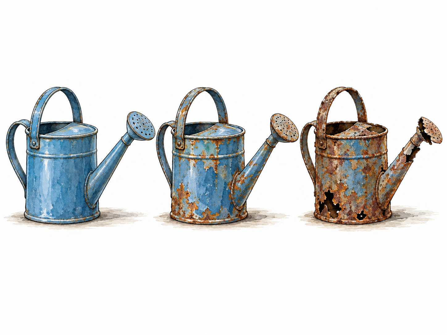 Matching blue watering cans show progressively severe corrosion.