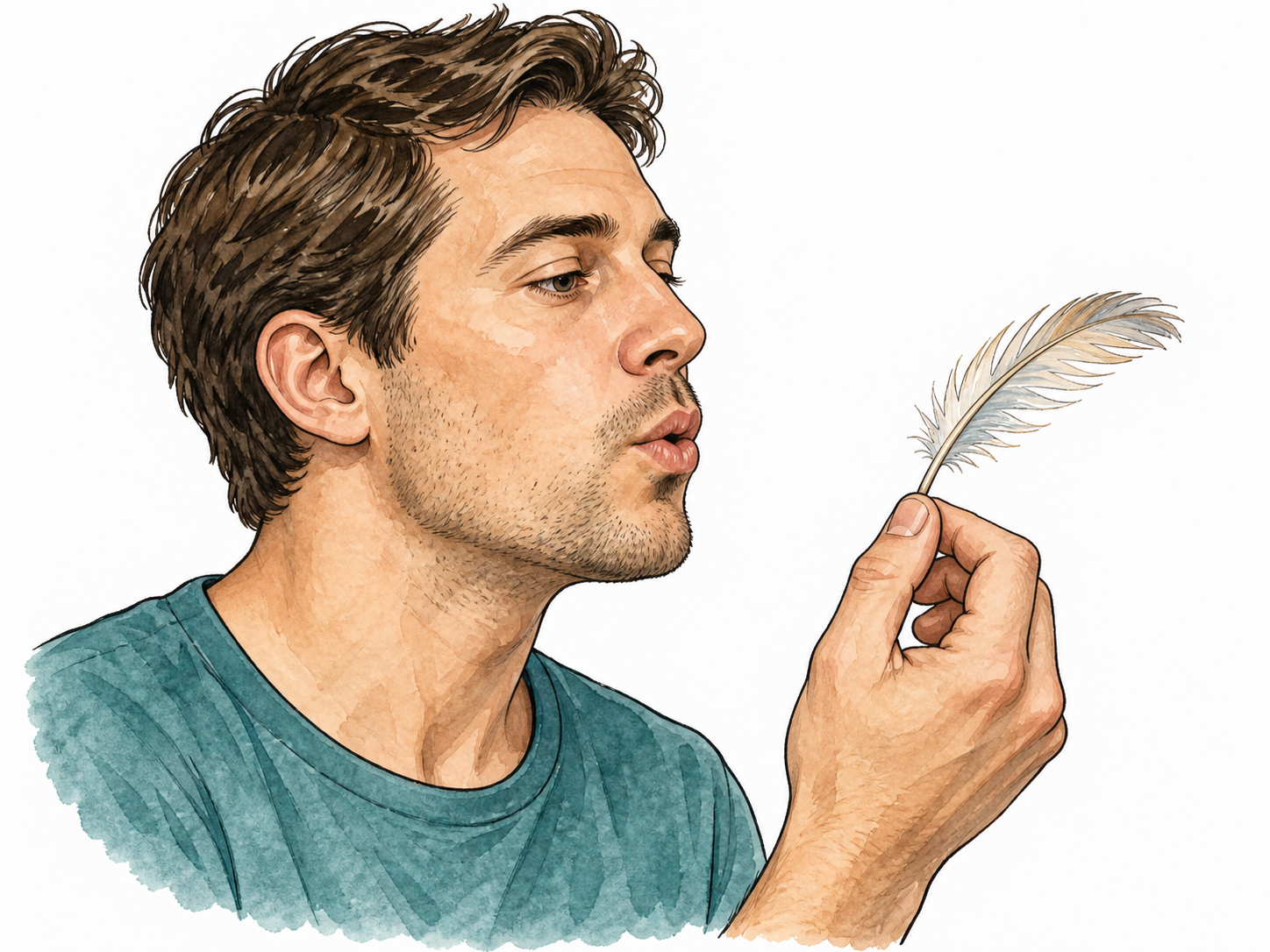 Man blows outward toward a feather which bends away.