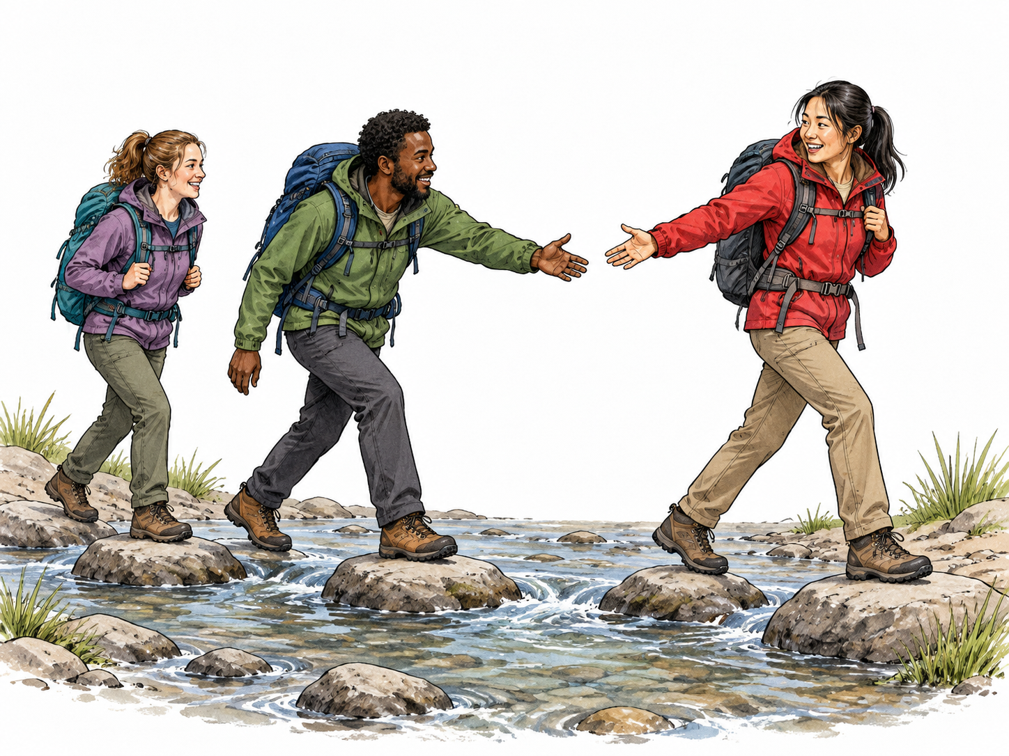 Hiking guide leads two followers across stepping stones.