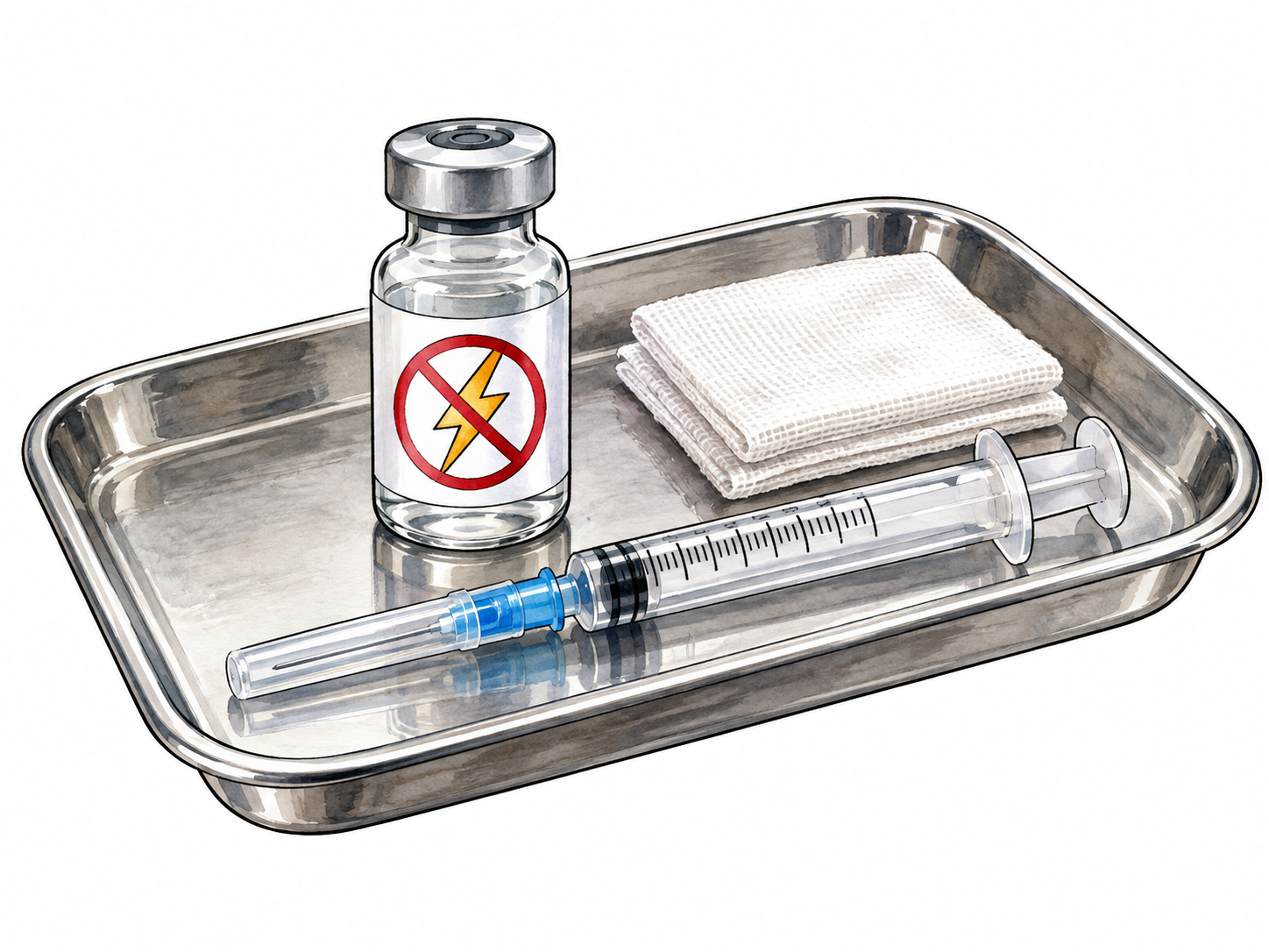 Anesthetic: small sealed glass medicine vial and capped syringe lying neatly on a clinical tray next to folded sterile gauze.