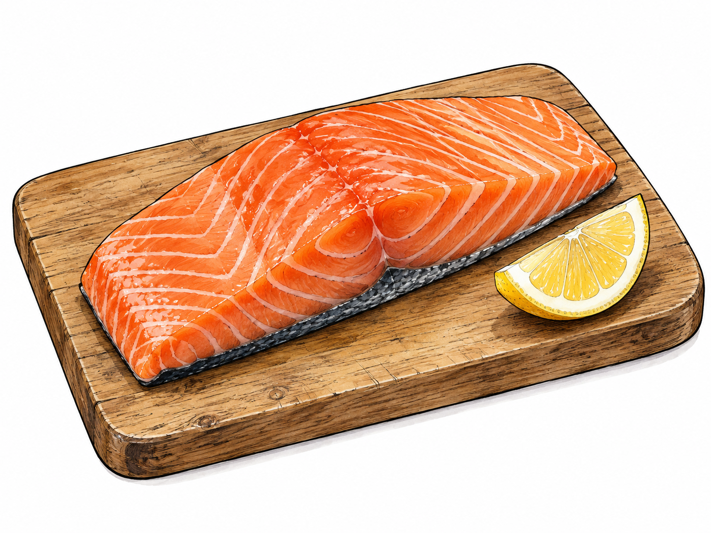 Fillet: one raw salmon fillet on a wooden cutting board, orange flesh with delicate white fat lines, boneless cut with skin underneath; lemon wedge beside it, no knives needed.