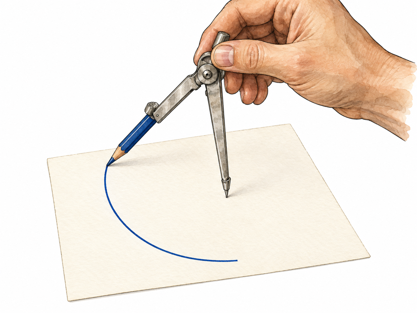 Drawing compass traces blue circular arc on blank paper.