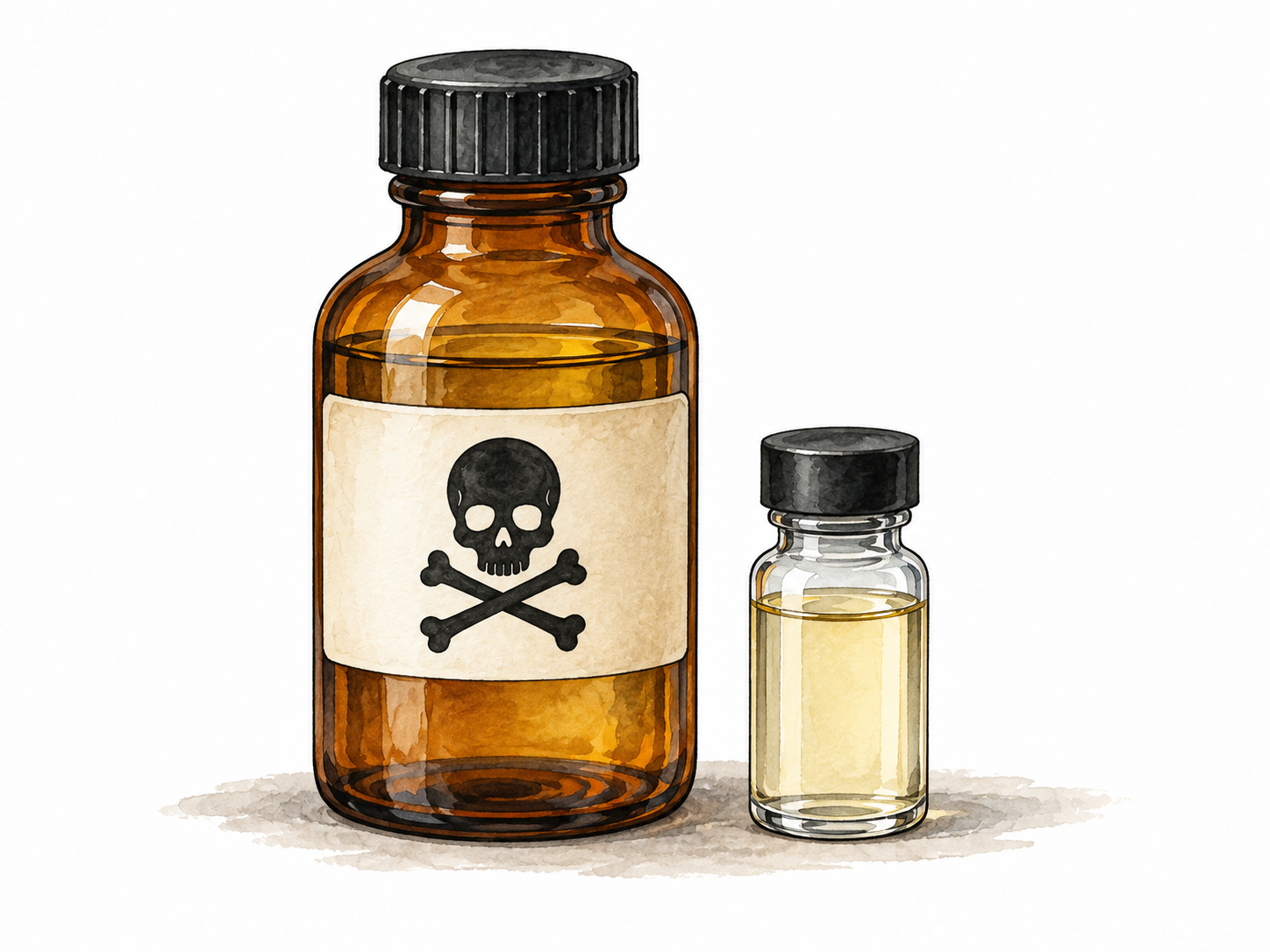 Sealed amber bottle with wordless skull-and-crossbones danger pictogram and sealed vial.