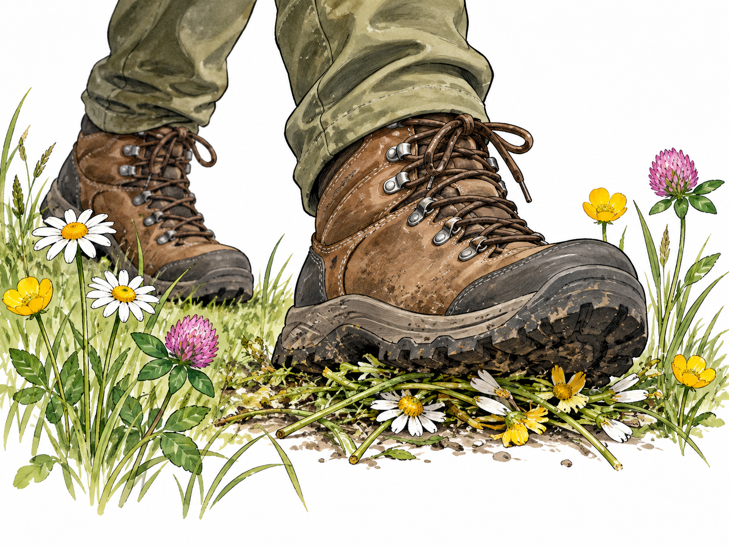 Trample: close view of heavy hiking boots stepping through delicate meadow flowers, crushed bent stems visibly beneath the sole, upright flowers nearby.