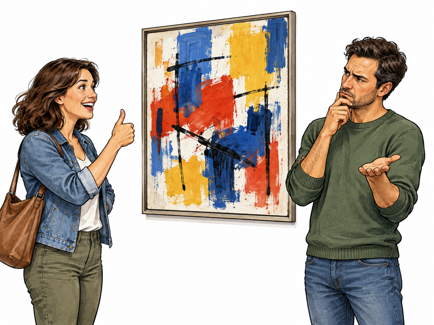 Opinion: two adults viewing the same abstract painting; one woman visibly delighted gives a thumbs up, one man thoughtfully frowns with palm tilted doubtfully.