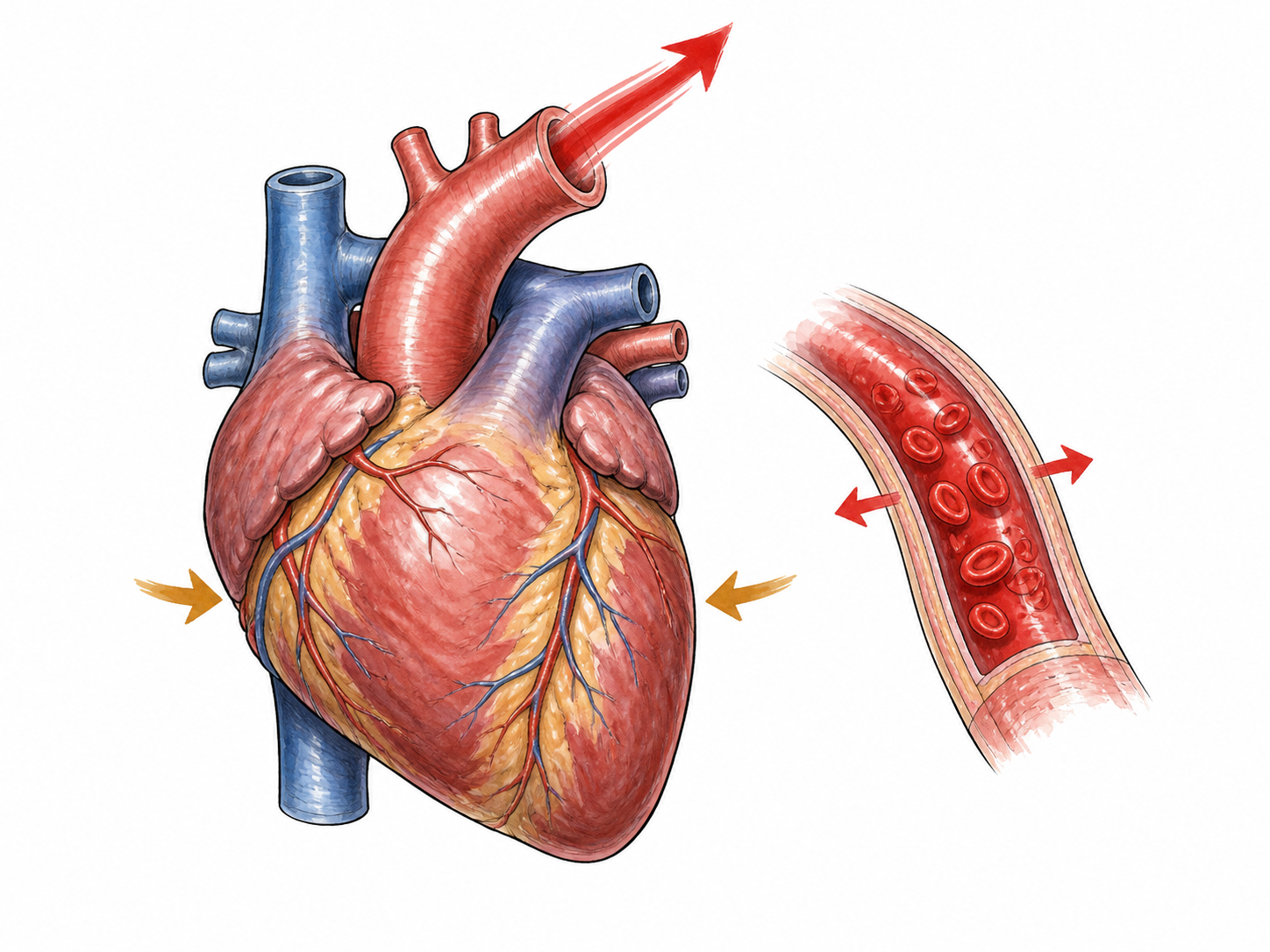 Contracting exterior heart ejects blood; artery inset shows pressure.