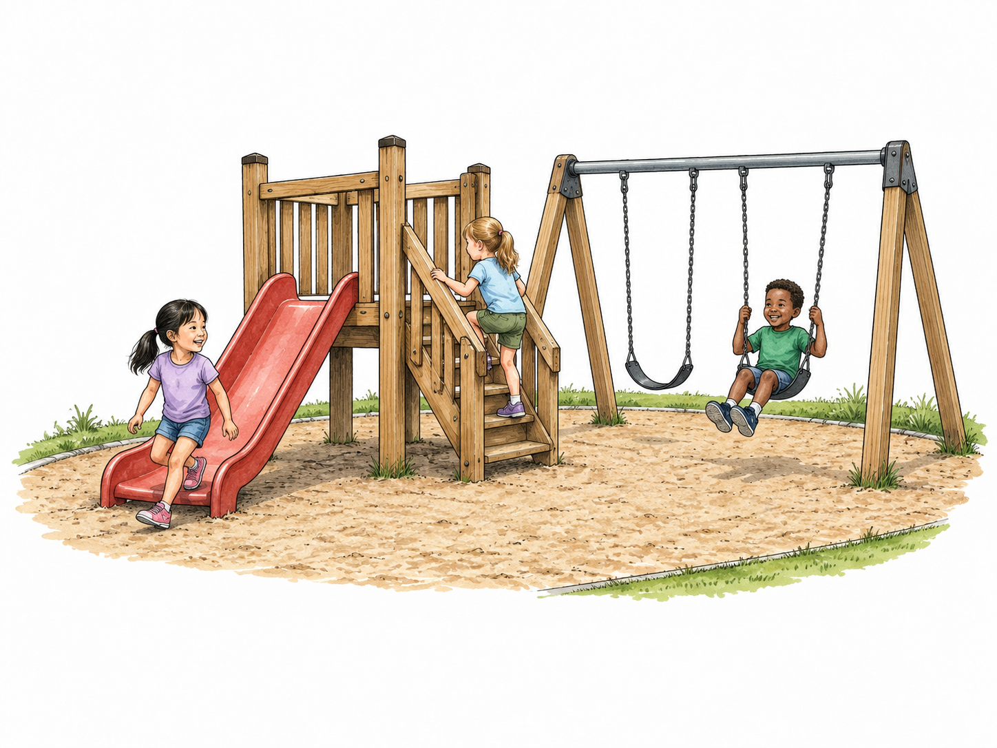 Equipped playground with slide and swings.