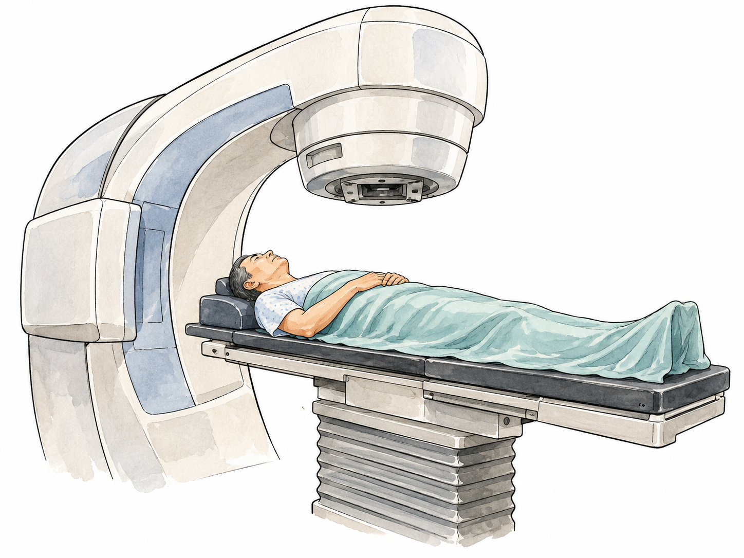 Patient lies beneath a linear accelerator treatment head.