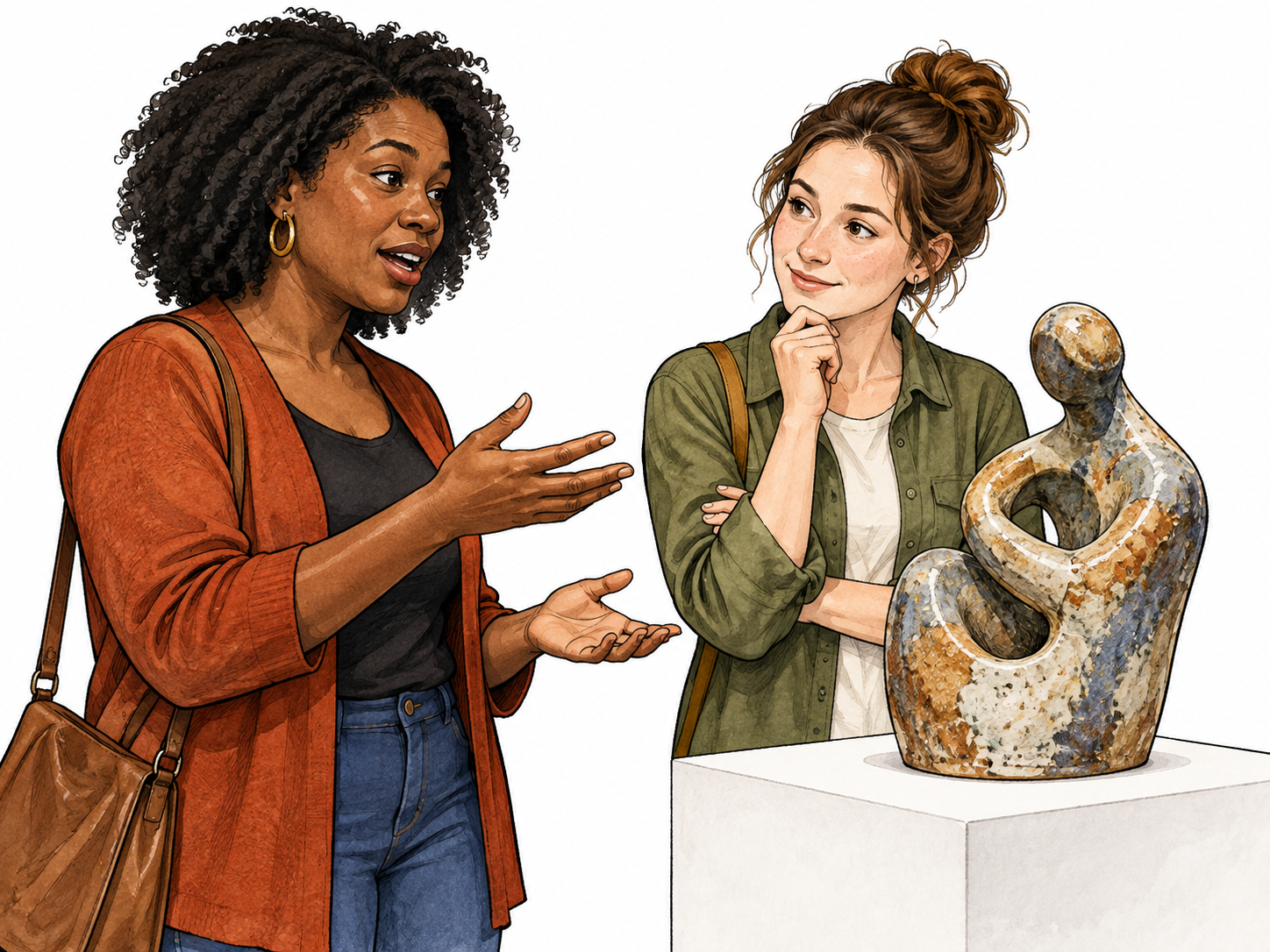 Opine, express an opinion: a Black adult woman shares her judgment of a ceramic sculpture with another visitor, conversational hand gesture, attentive listener, thoughtful expression.
