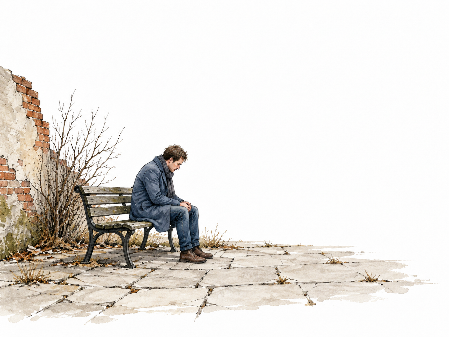 Lonely man sits in a neglected empty courtyard.