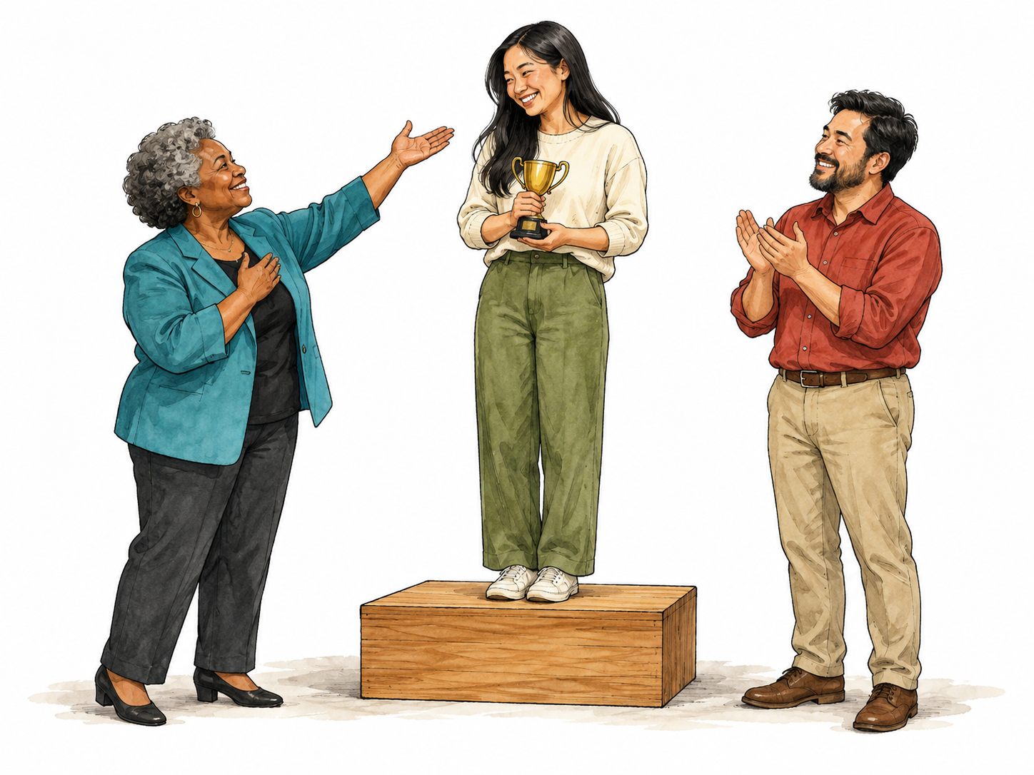 Community award recipient receives warm public praise on a low platform.