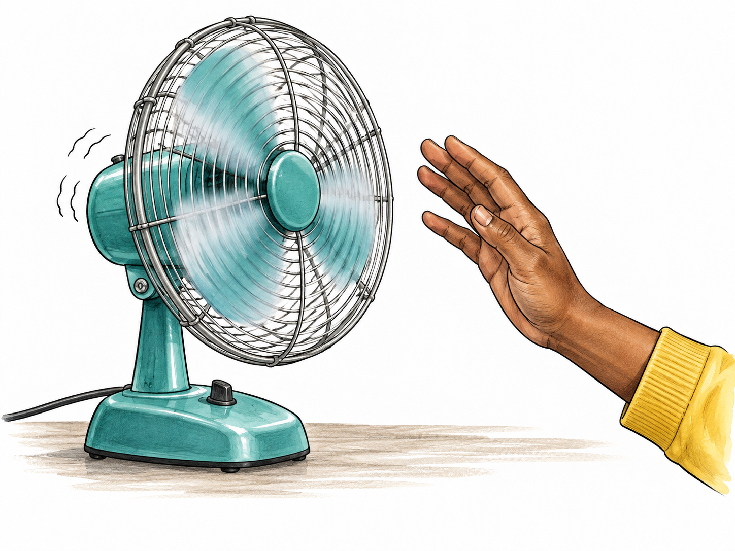 Running desk fan with steady motor vibration and spinning blades.