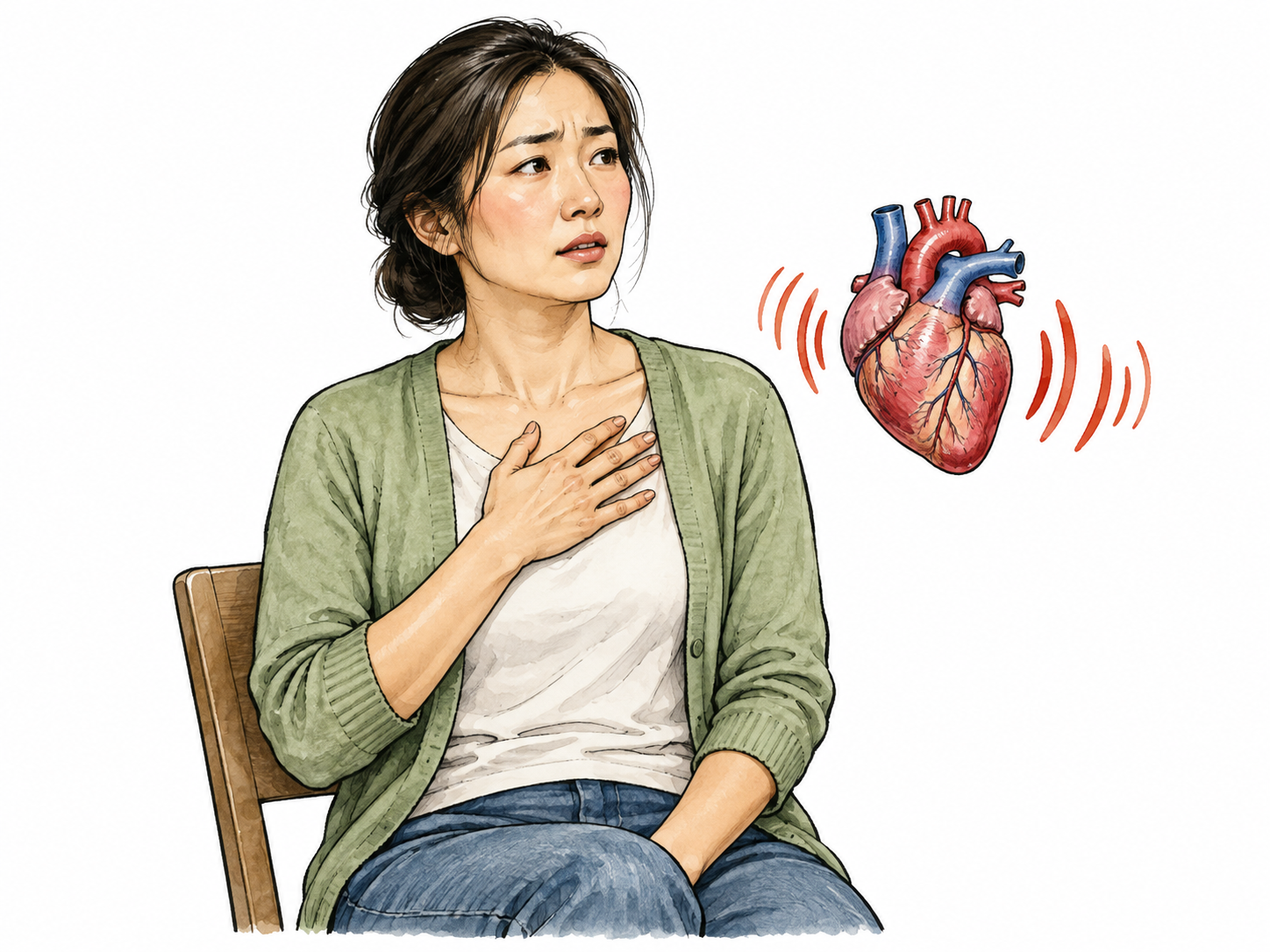 Palpitation: adult East Asian woman seated calmly but concerned, hand lightly over chest noticing strong heartbeat; discreet small pictorial heart with uneven rhythm marks beside chest.
