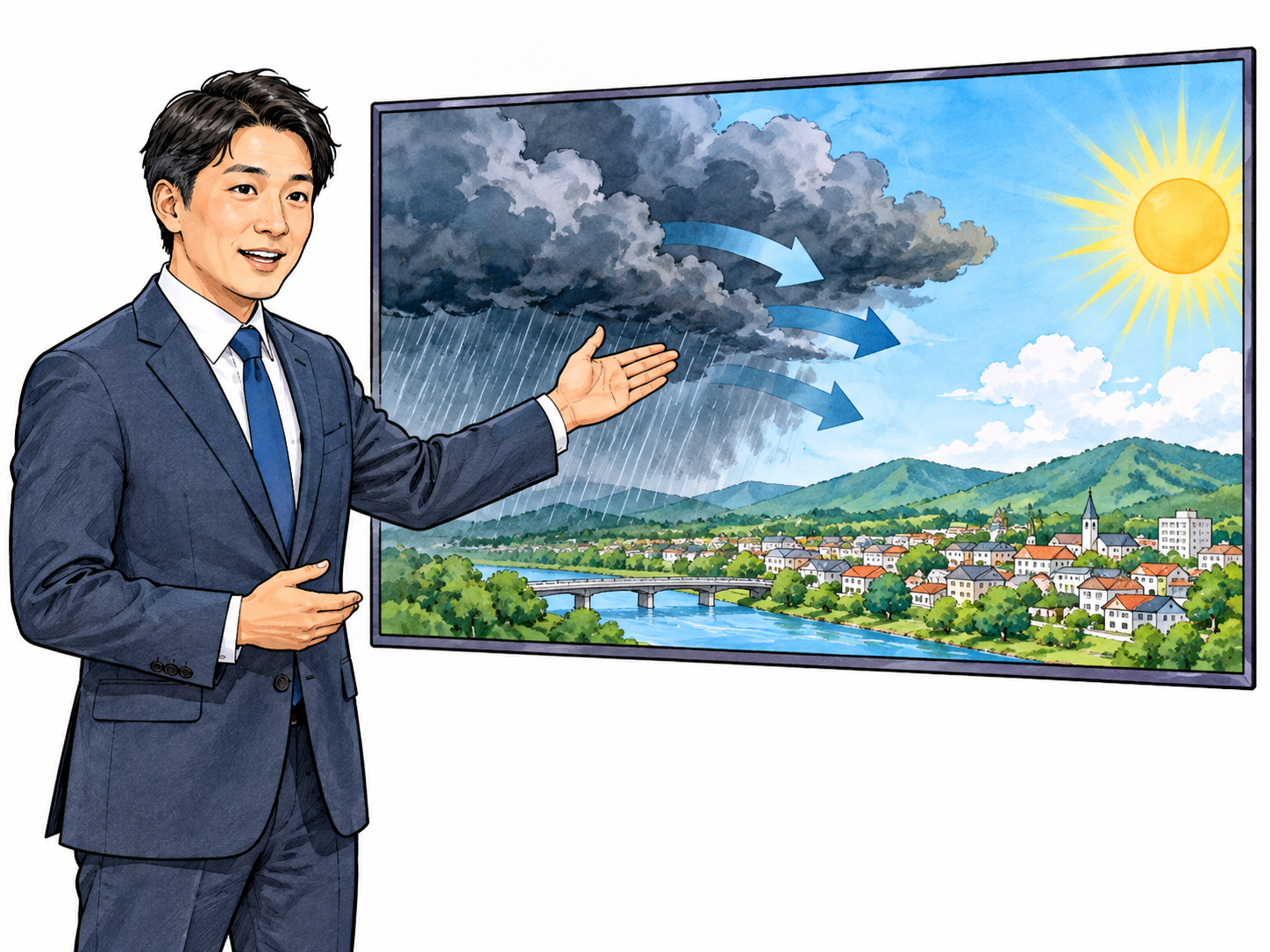 Prediction: an East Asian male weather forecaster gestures toward a purely pictorial forecast panel showing incoming dark rain clouds approaching a sunny town.
